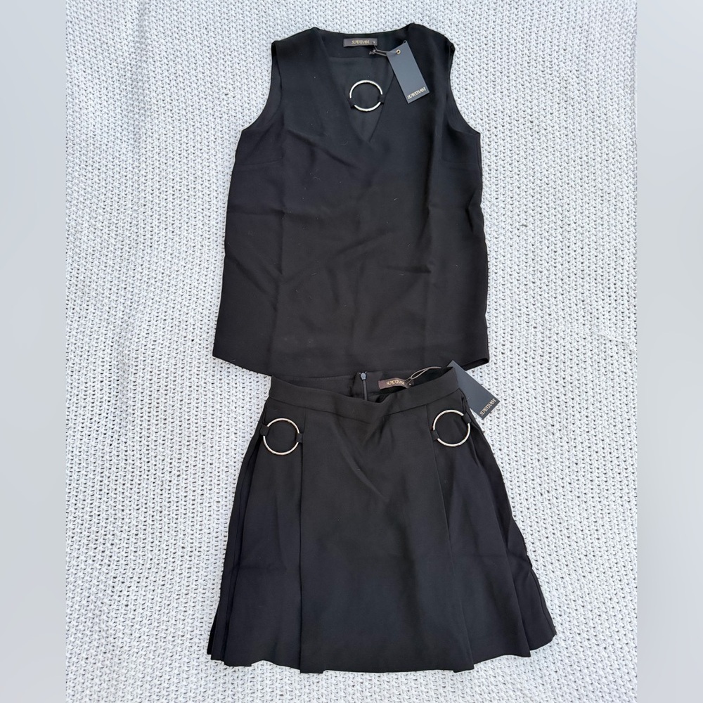 NWT Supertrash Black Top & Skirt Matching Set with Silver Ring Detail Size XS 34